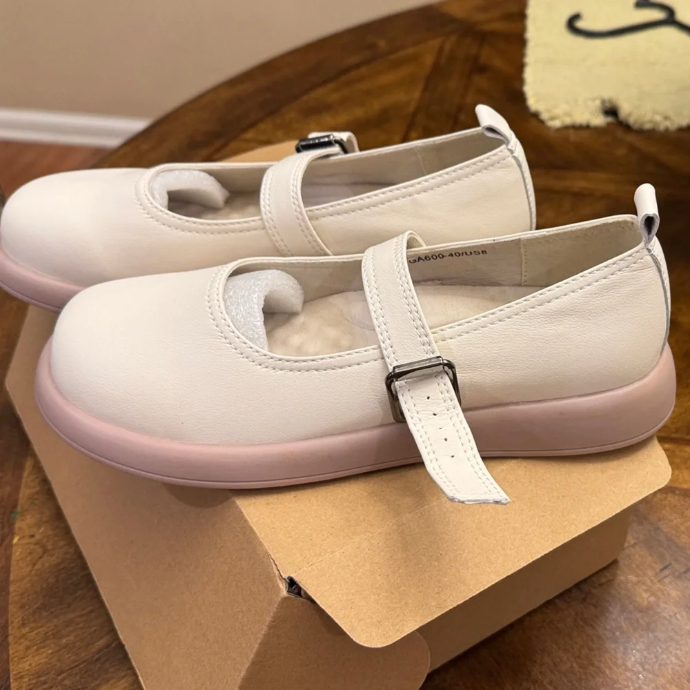 NWT QJN Mary Jane Shoes Women Flat Comfortable leather Casual Ladies beige 8 - Picture 3 of 12